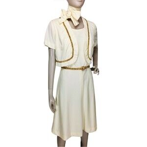 Vintage 60s Ivory & Gold Belted Dress Bolero Jacket Head Scarf 4 Piece Set